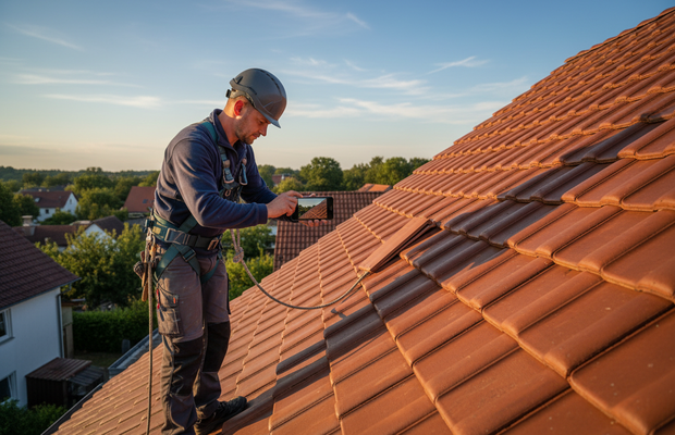 Dachdecker auf Steildach mit Smartphone, fotografiert eine Ziegeleindeckung im Spätnachmittagslicht