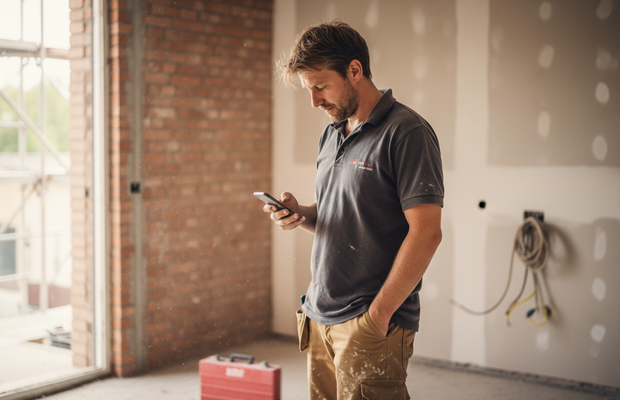 Handwerker erfasst Arbeitszeit auf der Baustelle per Smartphone-App