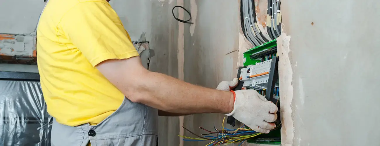 meisterwerk - Handwerker Versicherungen. Elektriker am Sicherungskasten