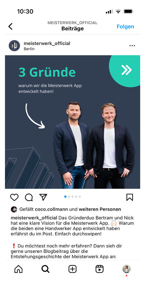 Instagram Beispiel von dem Profil meisterwerk app