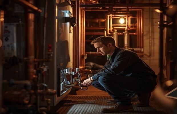 SHK-Techniker arbeitet an Heizungsanlage mit Kupferrohren